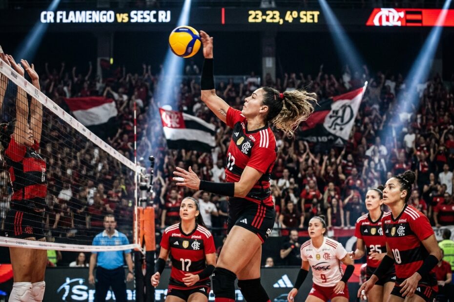 Atleta rubro-negra salta para atacar a bola durante partida de vôlei no ginásio